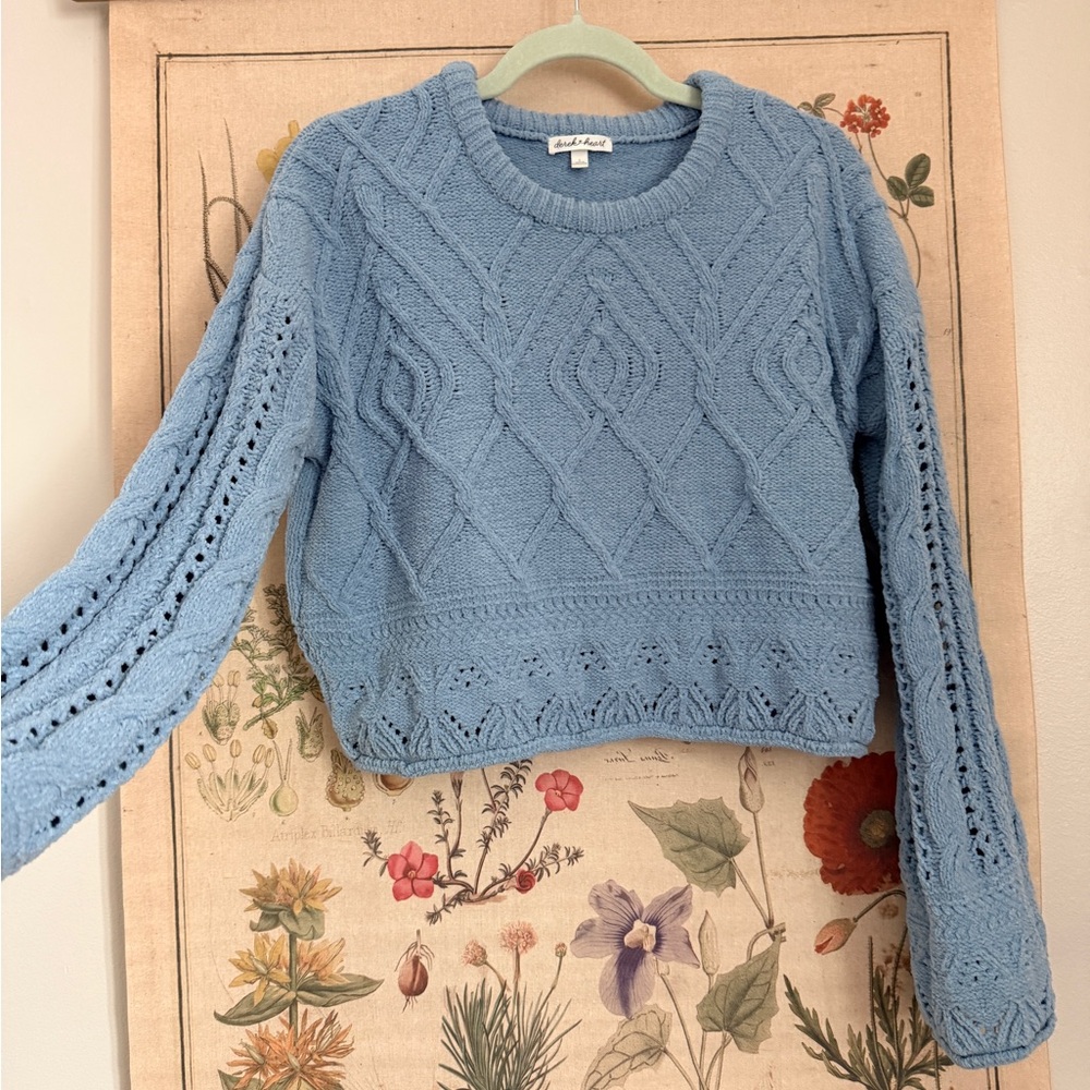 Derek heart baby blue chenille cropped cable knit sweater